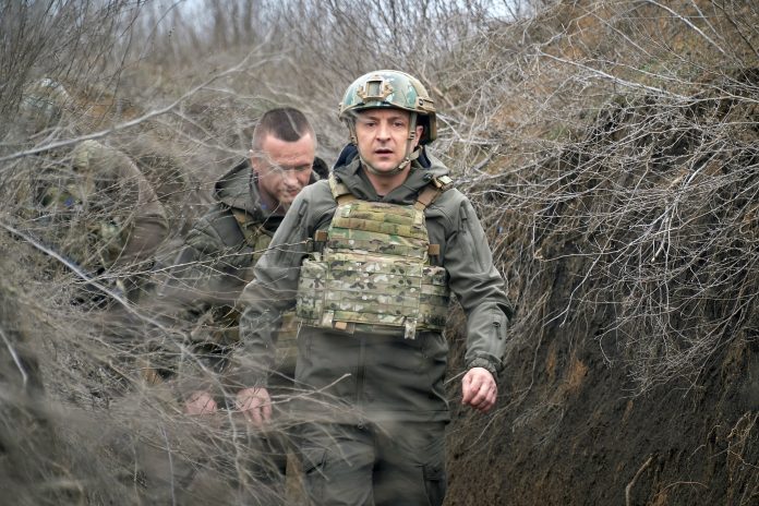 Ukraine's President Volodymyr Zelenskiy visits positions of armed forces in Donbass region