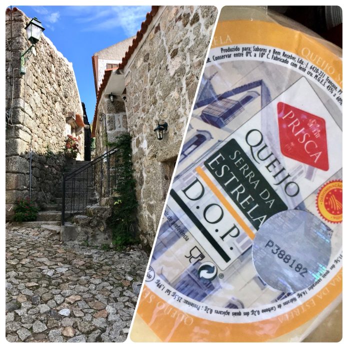 photo-output 35 On the left, a street in Linhares da Beira, municipality of Celorico da Beira. On the right, a piece of Serra da Estrela cheese.