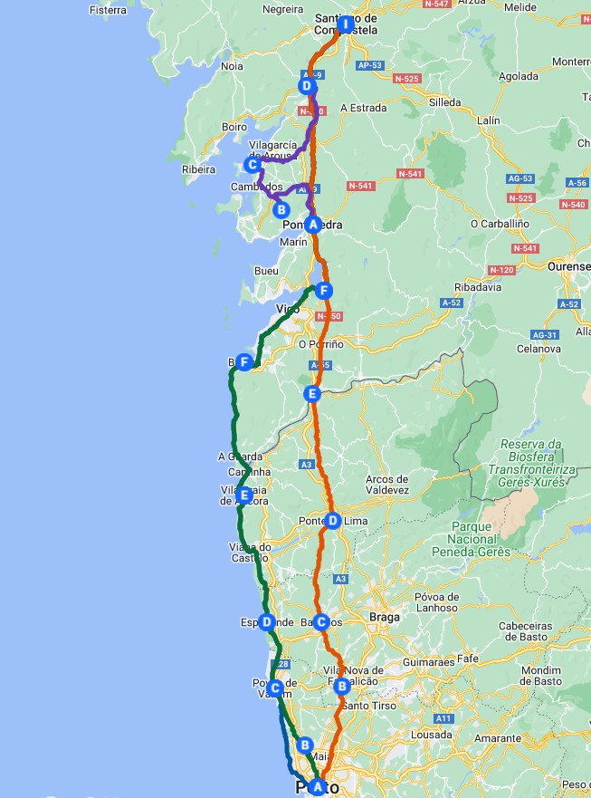 Camino Portugues, Routes from Porto